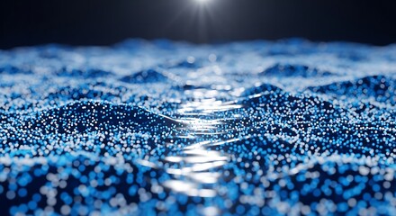 Abstract digital ocean landscape composed of glowing blue particles with a bright light reflection.