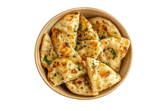 Delicious garlic naan bread pieces in bowl top view, indian cuisine flatbread, restaurant food photography, isolated on transparent background