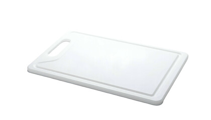 White plastic cutting board with handle, isolated on black backdrop