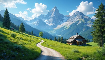 Winding gravel path goes through green mountain meadow toward snow-capped peaks. A wooden cabin sits on hillside below evergreen trees under bright blue sky with fluffy clouds.