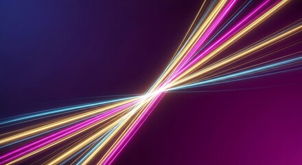 Abstract background with colorful neon light trails crossing in the center on a dark purple backdrop.