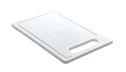 A white cutting board with handle cutout, on black background