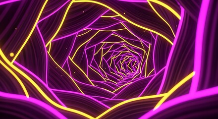 An abstract journey through a swirling vortex of glowing purple and yellow neon light trails.