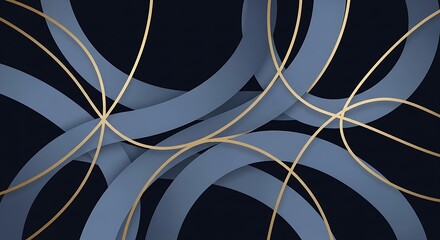 Elegant abstract background with overlapping dusty blue circles and delicate golden curved lines on a dark surface.