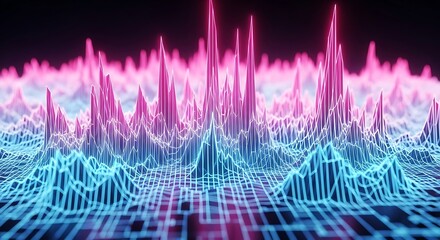 A vibrant 3D digital landscape of glowing pink and blue data waves on a grid.