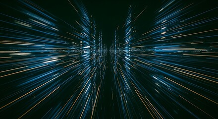 Abstract visualization of a futuristic digital city with high-speed light trails moving through a dark space.