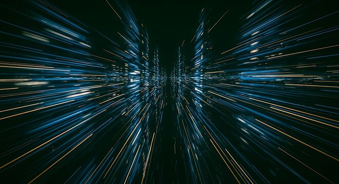 Abstract visualization of a futuristic digital city with high-speed light trails moving through a dark space.