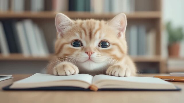 Ai curious cat examines open book on wooden table with shelves filled with books in cozy room