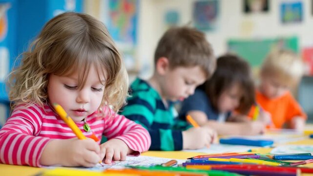 Ai children engaged in creative drawing activities at a kindergarten table during a sunny day