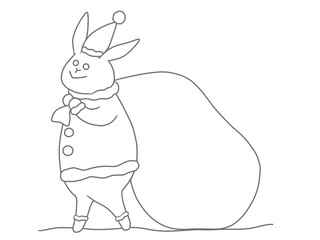 サンタの格好をしたウサギのクリスマスイラスト　線画