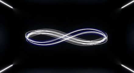 A glowing infinity symbol created with white and blue light trails on a dark, abstract background with corner lights.
