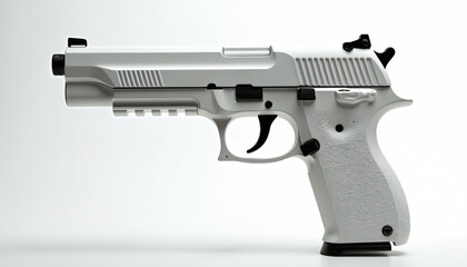 White plastic pistol with black details rests on seamless white studio background. Clean, minimalist shot highlights firearm modern design, isolated form. Perfect for concepts related to security