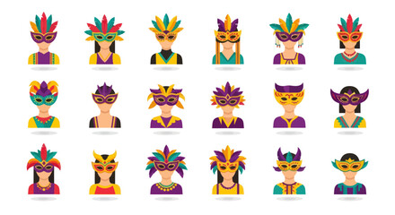 Collection of People Wearing Colorful Carnival Masks with Feathers and Decorations.