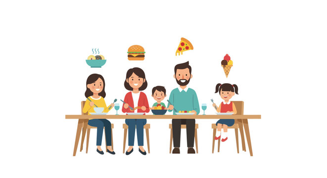 Happy Family Enjoying a Meal Together with Various Food Items.