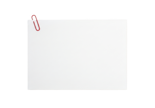 High resolution white paper sheet with red paperclip mockup for notes, messages, and reminders, perfect for office use isolated on transparent background