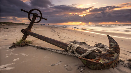An old, rusty anchor lies on the sandy beach, with a dramatic sky and the ocean in the background creating a sense of maritime history