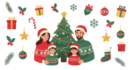 Happy Family Celebrating Christmas with Decorated Tree and Gifts.