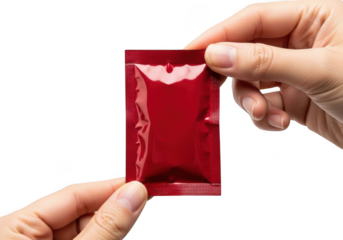 Red foil sachet packaging held in hand mockup, food, cosmetic, medicine sample pouch, isolated on transparent background