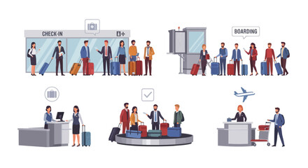 Diverse group of people queuing at airport check-in boarding and baggage claim areas.