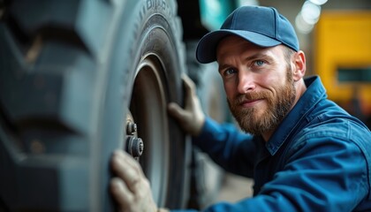 Mechanic checks truck tire in a workshop. Man in cap inspects wheel for safety. Pro auto repair, vehicle service at garage. Maintenance, industry tech concept.