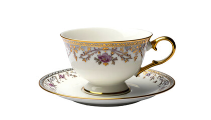 Ornate tea cup and saucer with floral detail against black