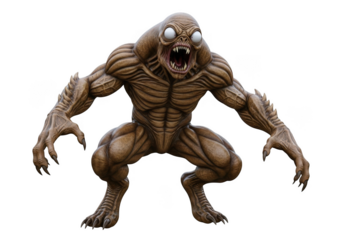 Terrifying brown monster creature with glowing eyes and sharp teeth illustration, fantasy art, horror character design, isolated on transparent background