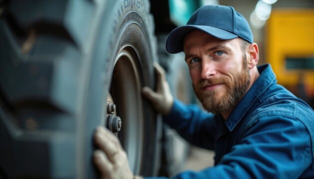 Mechanic checks truck tire in a workshop. Man in cap inspects wheel for safety. Pro auto repair, vehicle service at garage. Maintenance, industry tech concept.