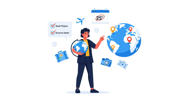 A female travel planner organizes a global trip holding a globe and pointing to world map destinations with travel icons. - Powered by Adobe