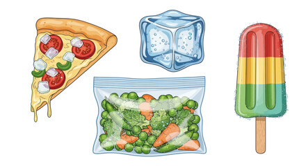 Assortment of frozen food items including pizza ice cubes frozen vegetables and popsicle.