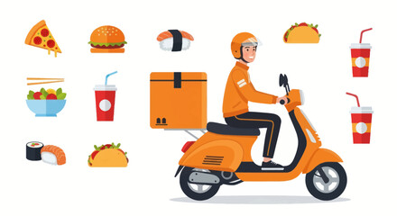 Food Delivery Scooter: Courier on Orange Moped with Takeout Order.