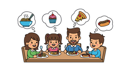 Family Enjoying Meal Together with Food Thought Bubbles.