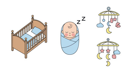 Adorable sleeping baby in a crib with charming mobiles.