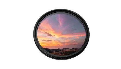 Circular view of vibrant sunset sky through lens