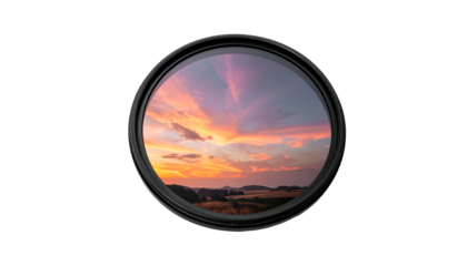 Circular view of vibrant sunset sky through lens