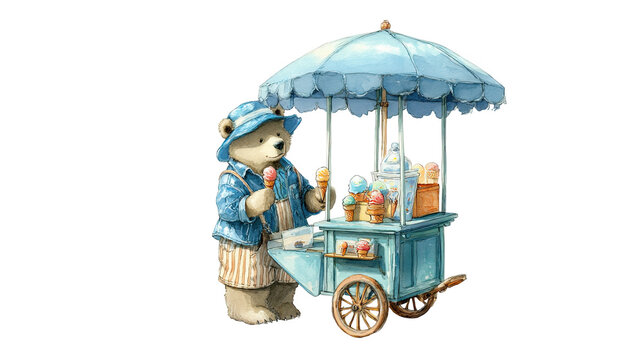 Cute watercolor teddy bear selling ice cream from vintage cart under blue umbrella, wearing blue jacket and striped shorts

