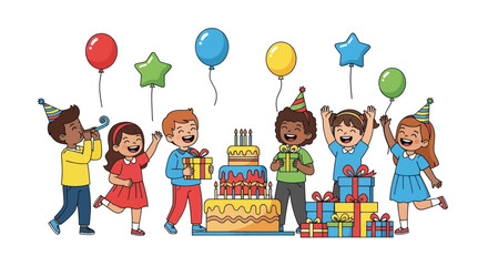 Cheerful Children Celebrating Birthday with Cake and Gifts.