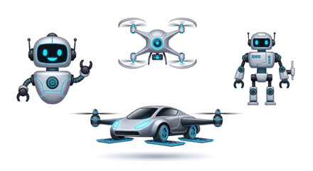 Futuristic Robots Drone and Flying Car Concept with Sleek Designs and Advanced Technology.