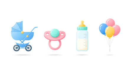 Collection of Baby Items: Stroller Pacifier Bottle Balloons.