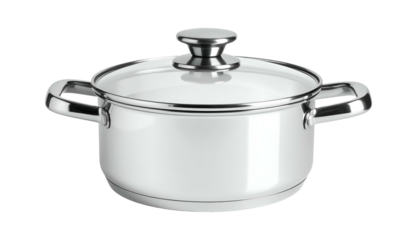 Shiny metal pot with glass lid on black backdrop