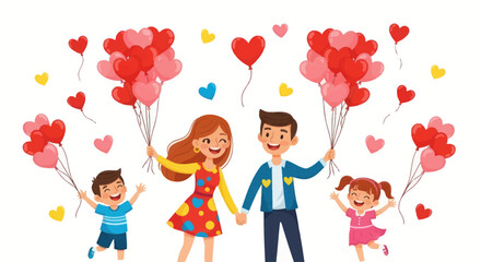 Happy Family Celebrating with Heart-Shaped Balloons.