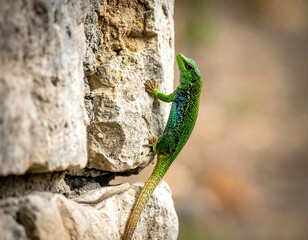 A vibrant, green reptile clings to a textured, weathered stone wall, its bright colours standing out in sharp focus. The scene suggests a sunny, outdoor environment