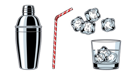 Classic cocktail shaker striped drinking straw clear ice cubes and glass for mixed beverages.
