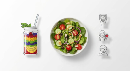 Vibrant Rainbow Fruit Smoothie and Fresh Green Salad with Illustrated Figures.