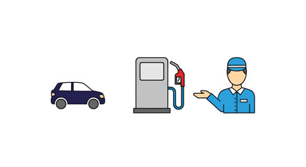Car Gas Pump and Attendant Iconography for Fueling Services.