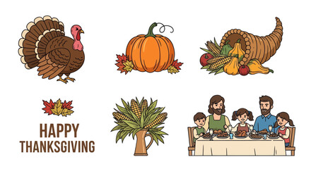 Thanksgiving Holiday Icons: Turkey Pumpkin Cornucopia Corn Family Dinner.
