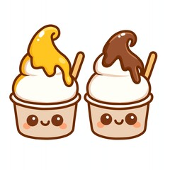 Cute Cartoon Ice Cream Cups with Smiling Faces – Chocolate and Mango Toppings