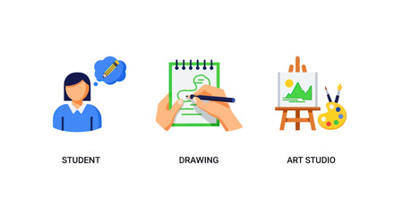 Art Student Drawing Process and Art Studio Equipment Illustration.
