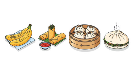 Assortment of Asian and Tropical Foods: Bananas Spring Rolls Dim Sum and Bao.