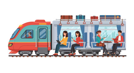 Colorful train with passengers traveling inside its carriages.