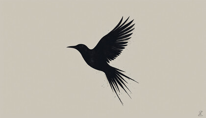 Fototapeta premium Silhouette of a Flying Crow in Mid-Flight with Textured Feathers on Neutral Background